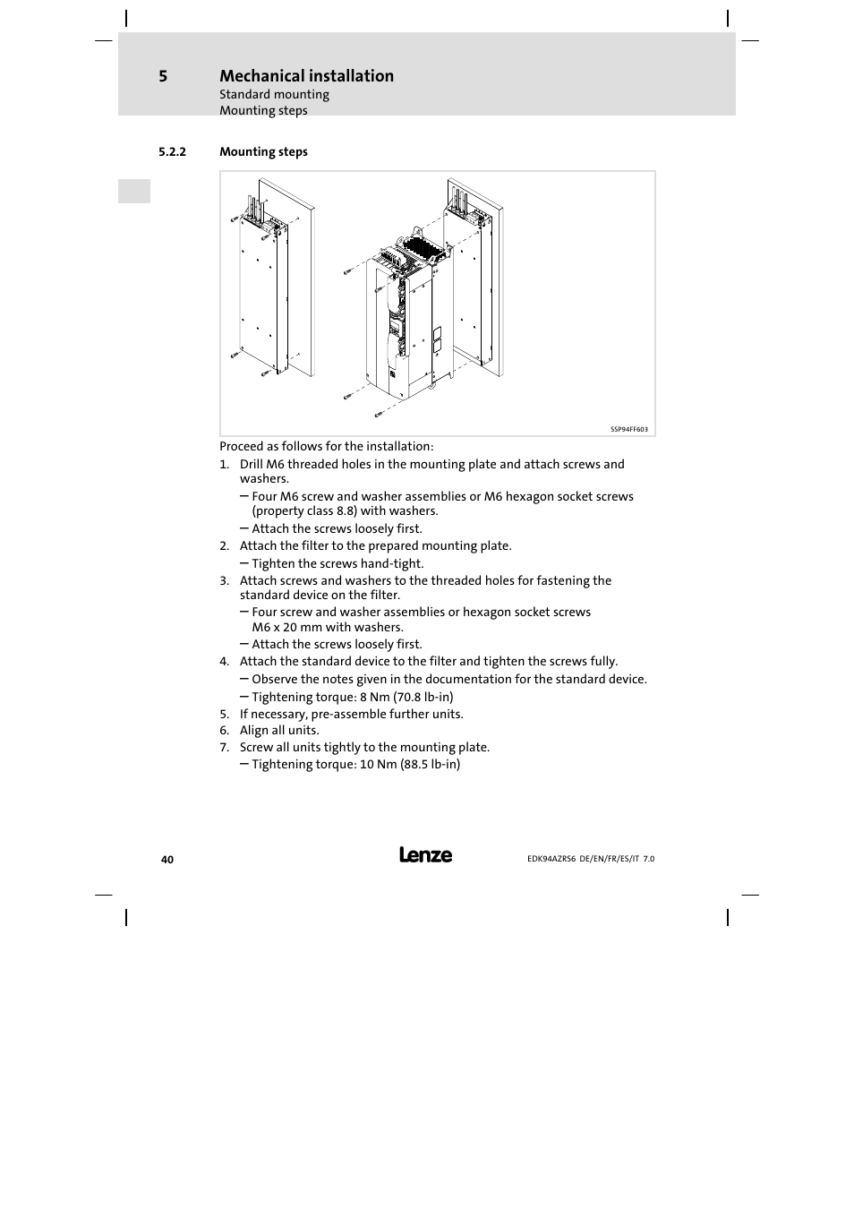 Mounting steps, Mechanical installation | Lenze E94AZRS0954 User Manual | Page 40 / 116