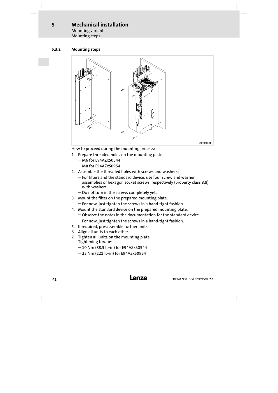 Mounting steps, Mechanical installation | Lenze E94AZRS0954 User Manual | Page 42 / 116