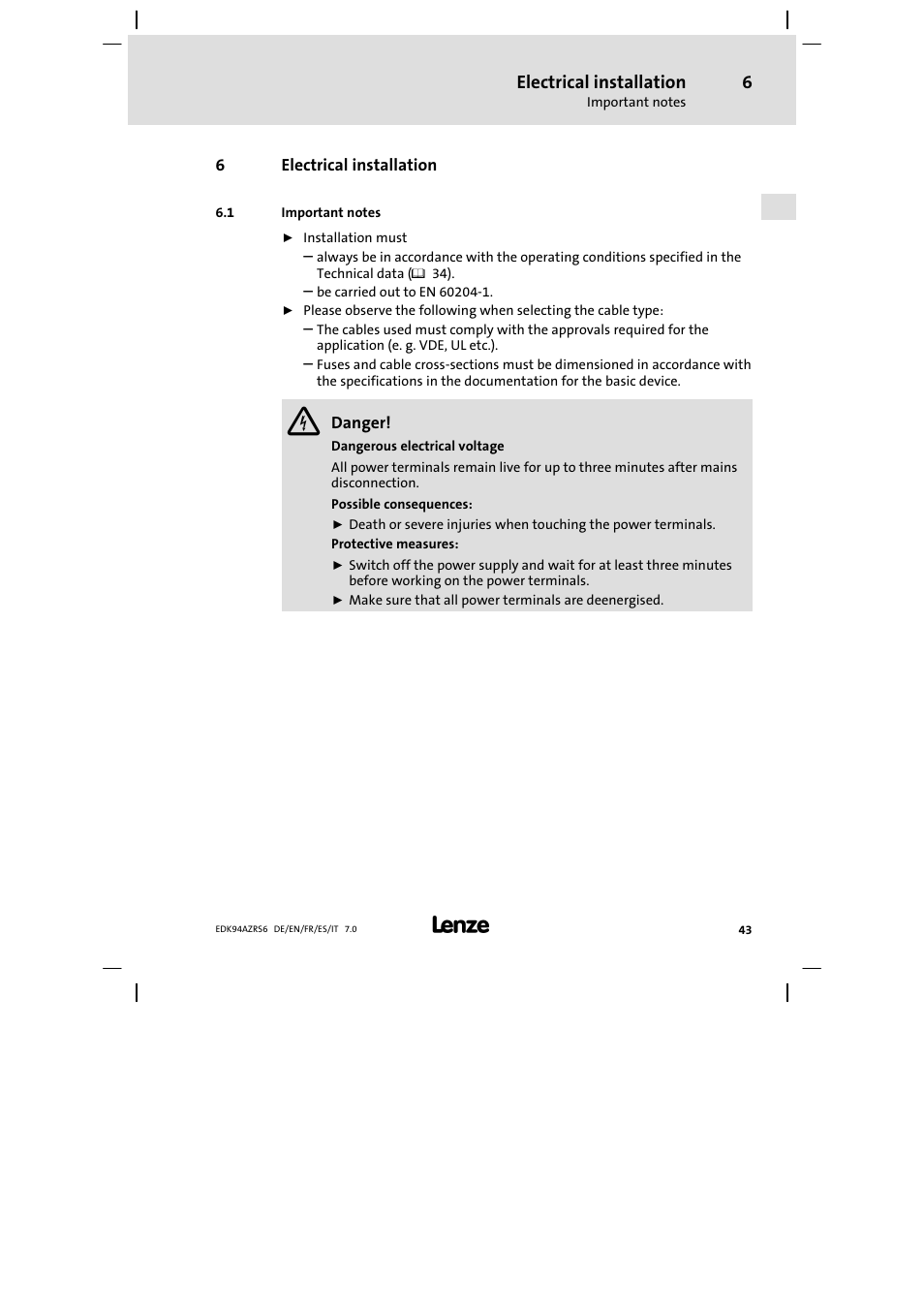 Electrical installation, Important notes | Lenze E94AZRS0954 User Manual | Page 43 / 116