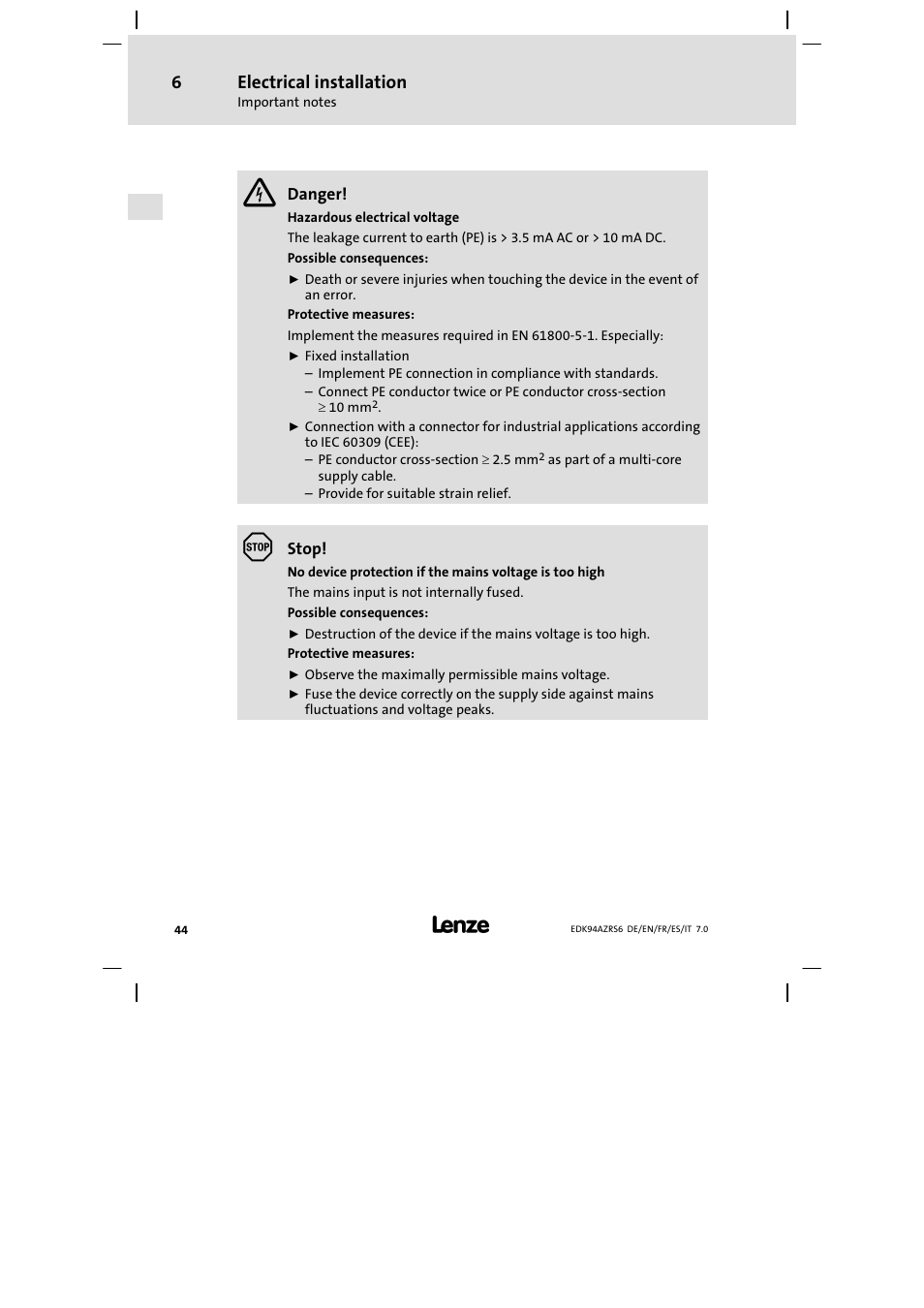 Electrical installation | Lenze E94AZRS0954 User Manual | Page 44 / 116