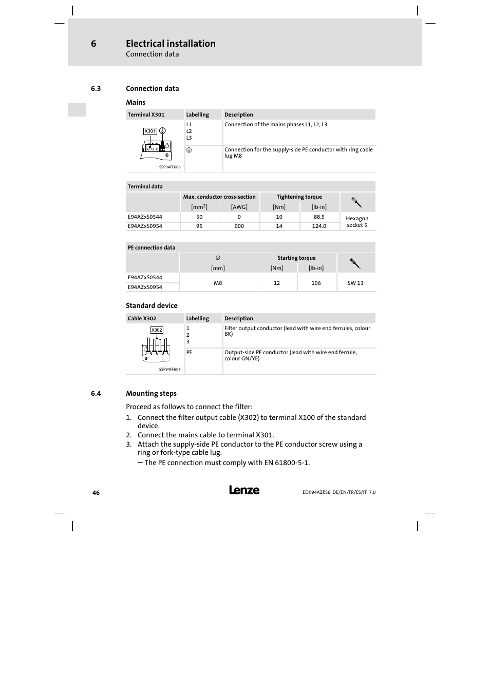 Connection data, Mounting steps, Electrical installation | Lenze E94AZRS0954 User Manual | Page 46 / 116