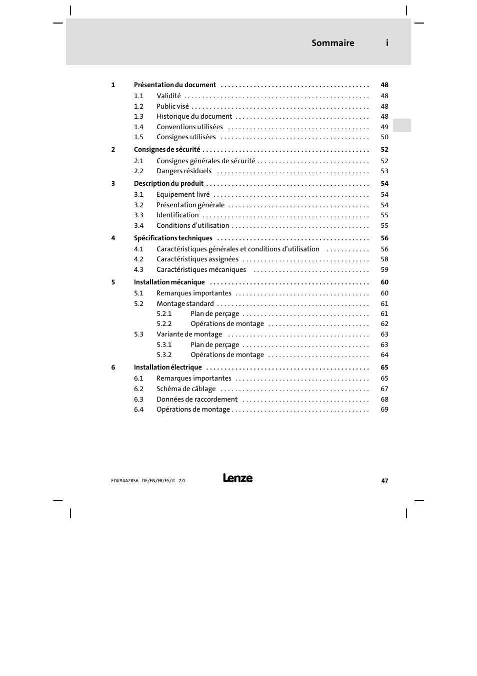 Sommaire, Sommaire i | Lenze E94AZRS0954 User Manual | Page 47 / 116