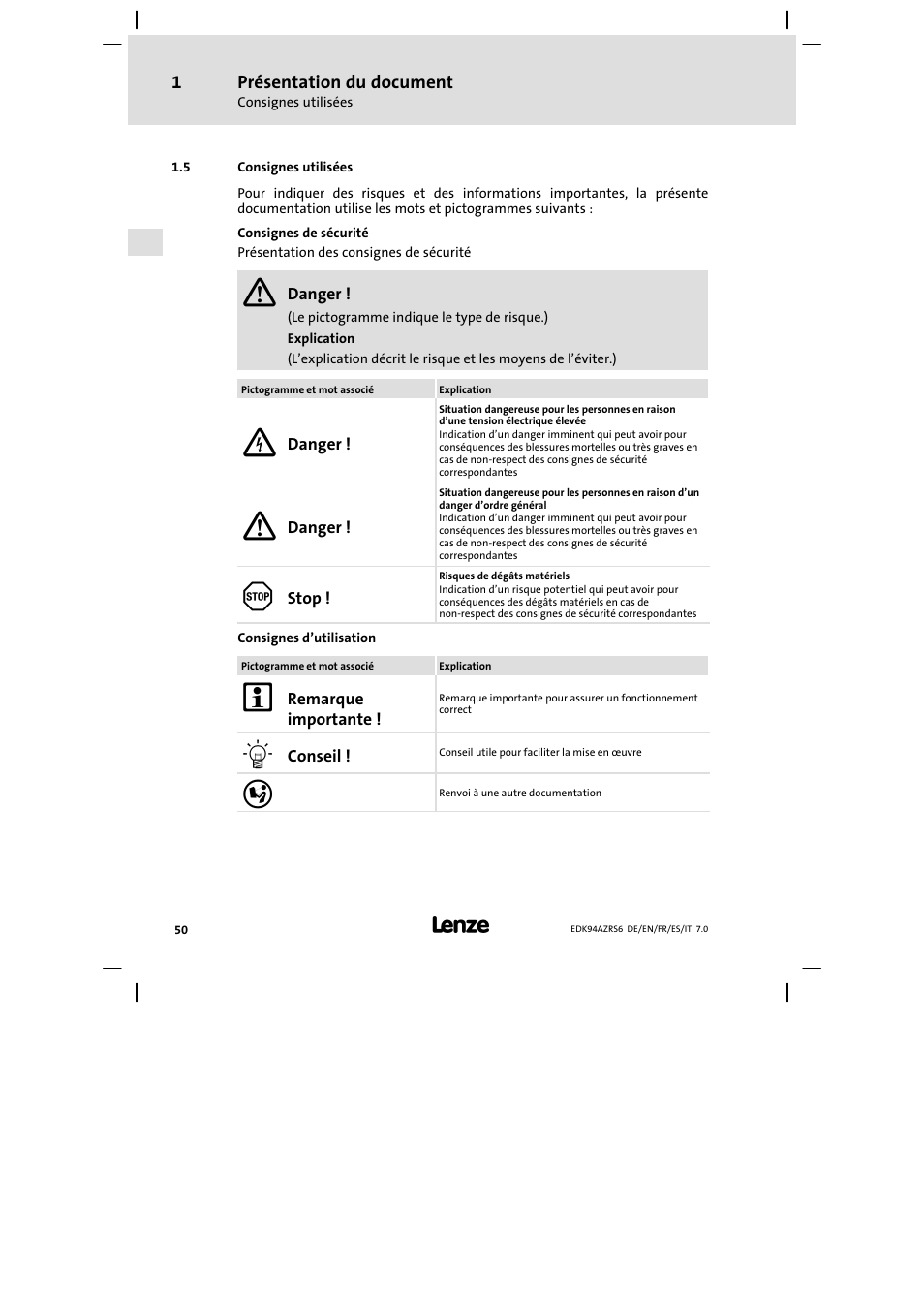 Consignes utilisées | Lenze E94AZRS0954 User Manual | Page 50 / 116