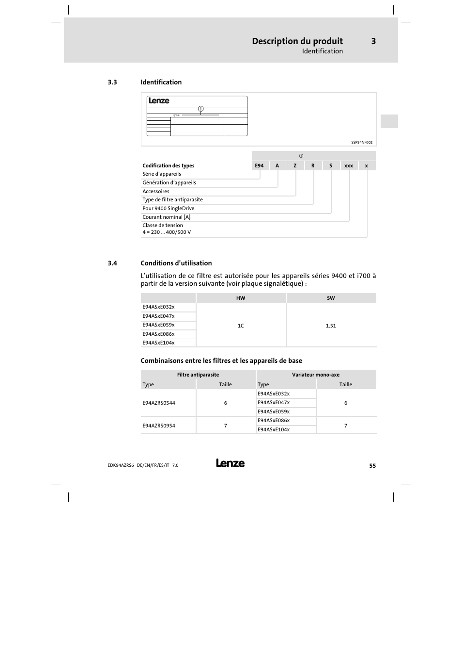 Identification, Conditions d'utilisation, Conditions d’utilisation | Description du produit | Lenze E94AZRS0954 User Manual | Page 55 / 116