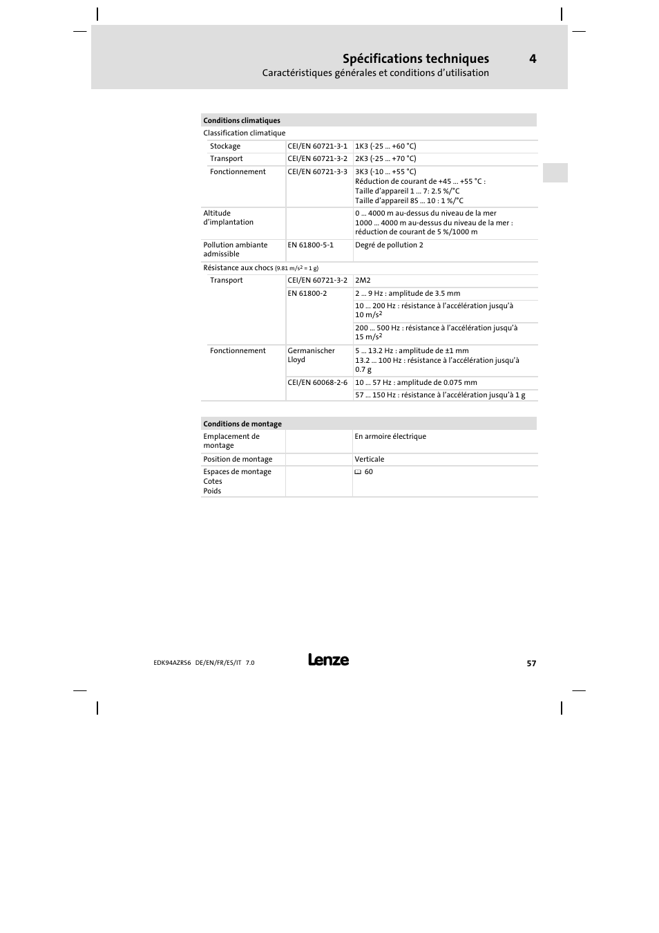 Spécifications techniques | Lenze E94AZRS0954 User Manual | Page 57 / 116