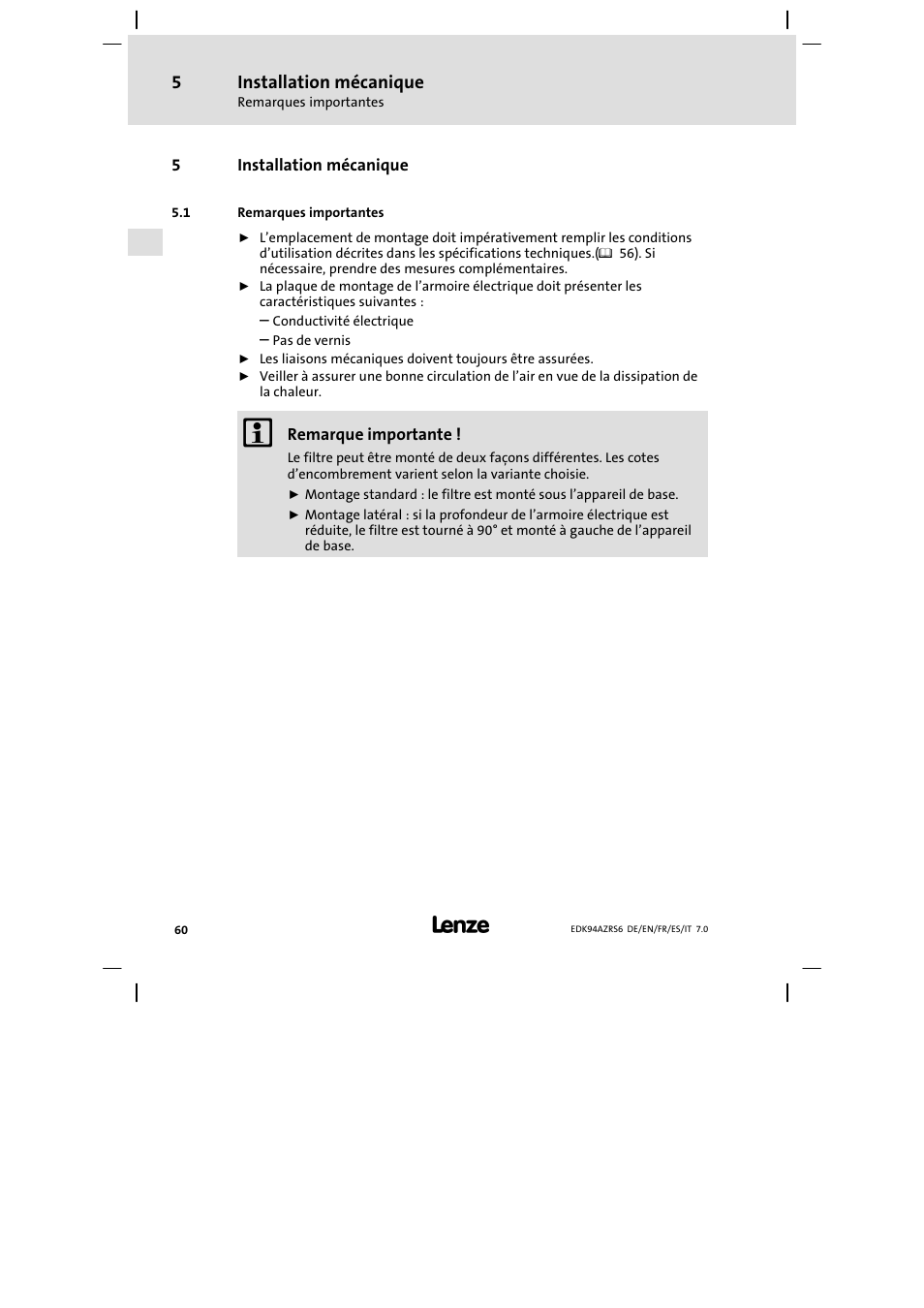Installation mécanique, Remarques importantes | Lenze E94AZRS0954 User Manual | Page 60 / 116