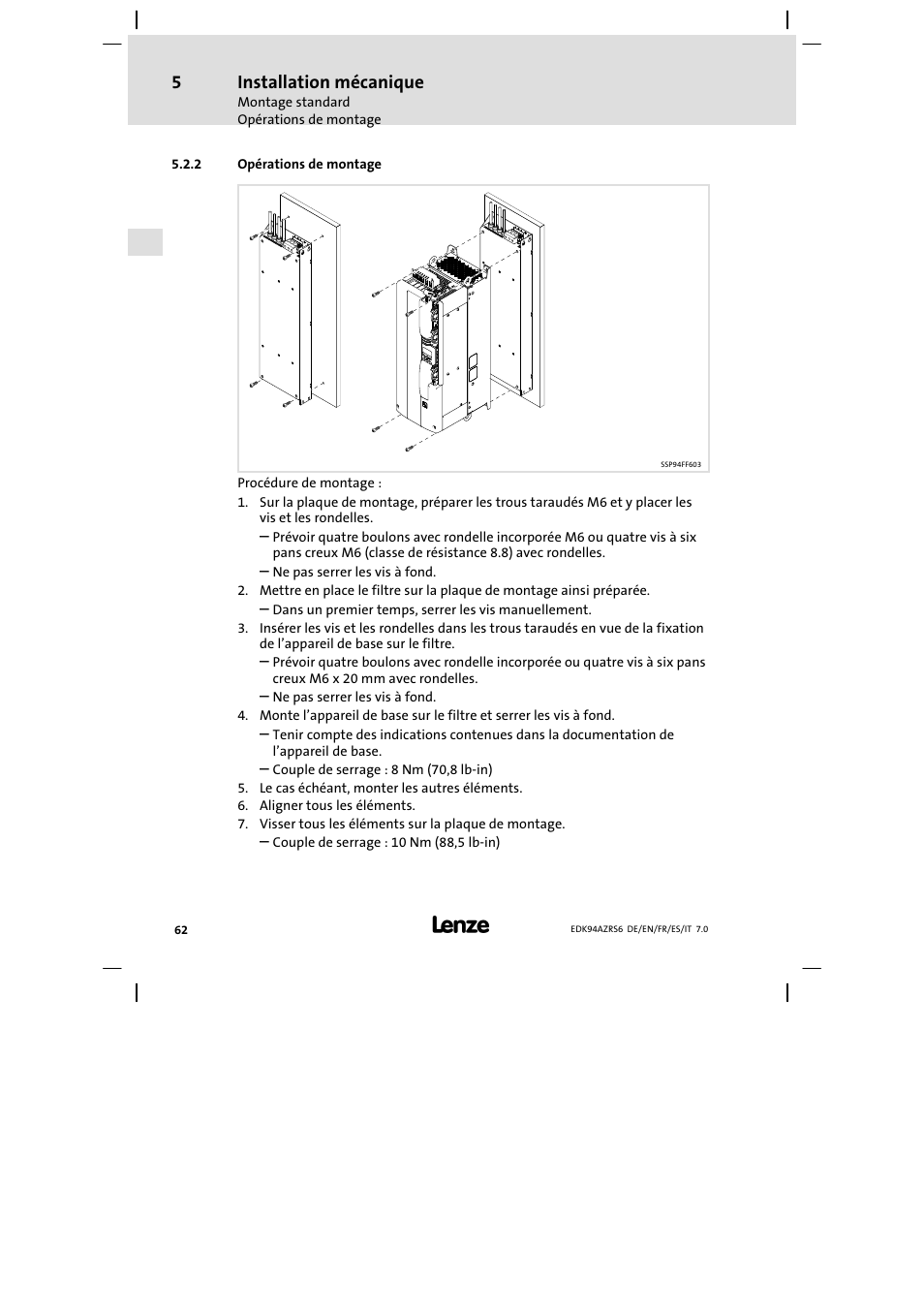 Opérations de montage, Installation mécanique | Lenze E94AZRS0954 User Manual | Page 62 / 116