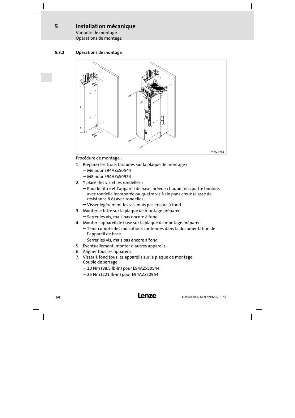 Opérations de montage, Installation mécanique | Lenze E94AZRS0954 User Manual | Page 64 / 116