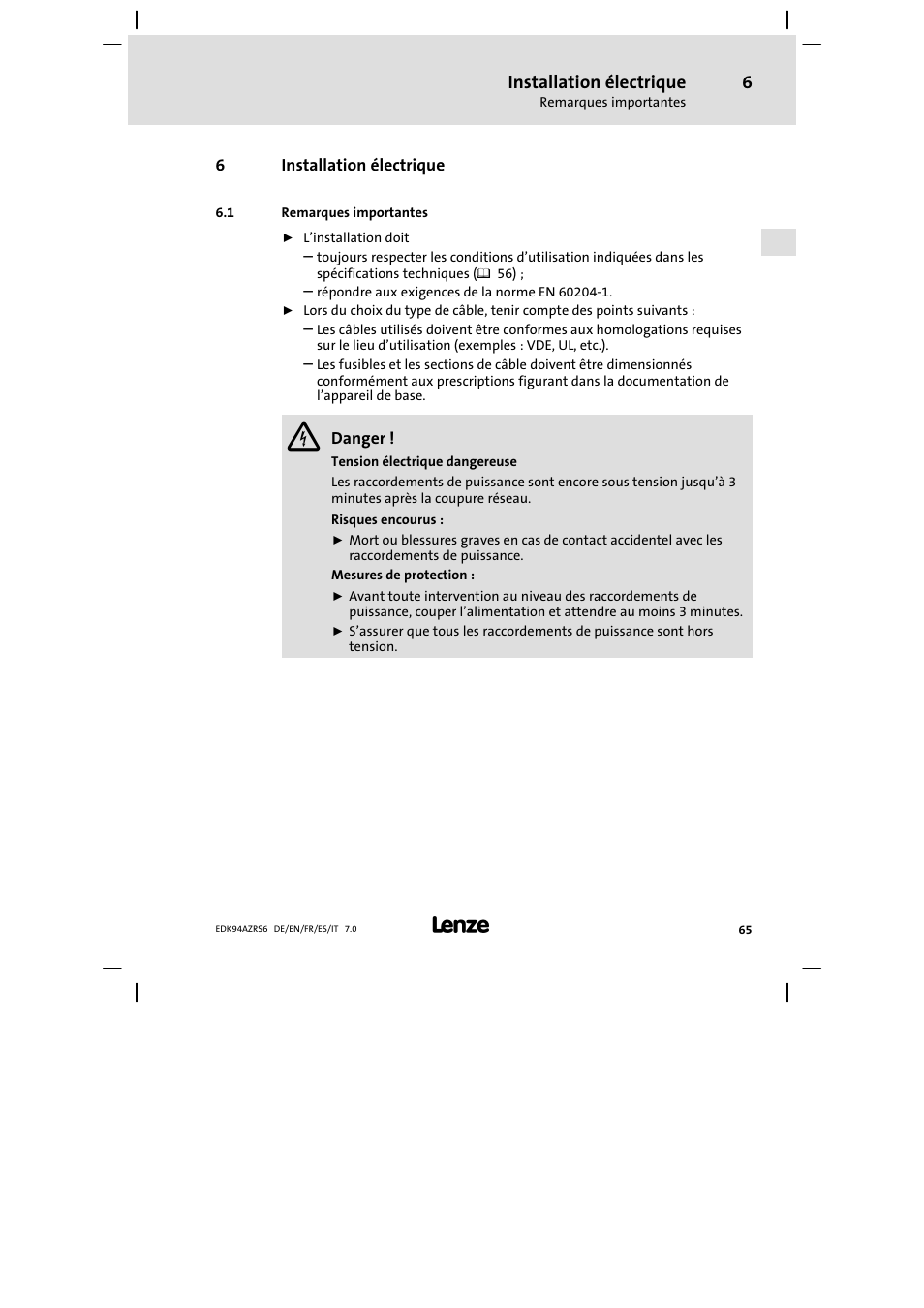 Installation électrique, Remarques importantes | Lenze E94AZRS0954 User Manual | Page 65 / 116