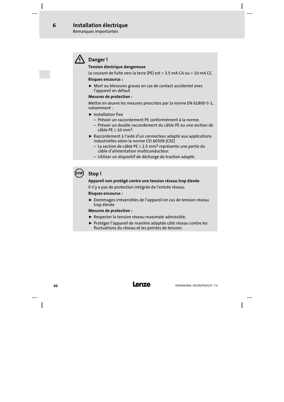 Installation électrique | Lenze E94AZRS0954 User Manual | Page 66 / 116