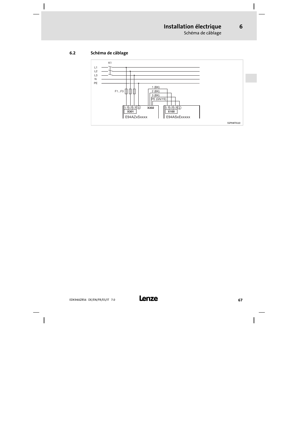 Schéma de câblage, Installation électrique | Lenze E94AZRS0954 User Manual | Page 67 / 116