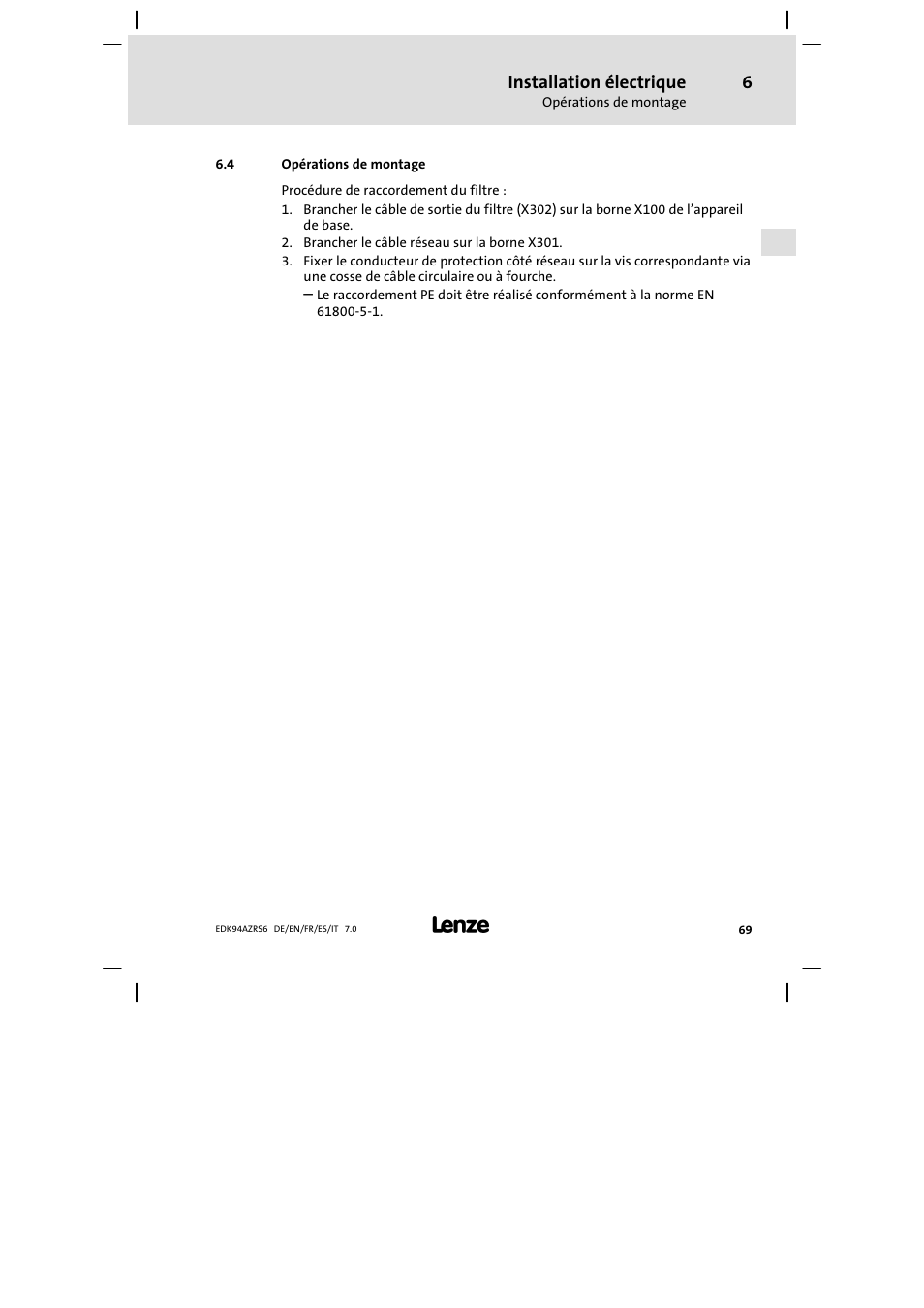 Opérations de montage | Lenze E94AZRS0954 User Manual | Page 69 / 116