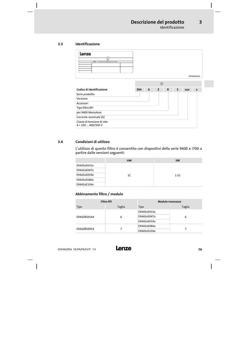 Identificazione, Condizioni di utilizzo, Descrizione del prodotto | Lenze E94AZRS0954 User Manual | Page 79 / 116