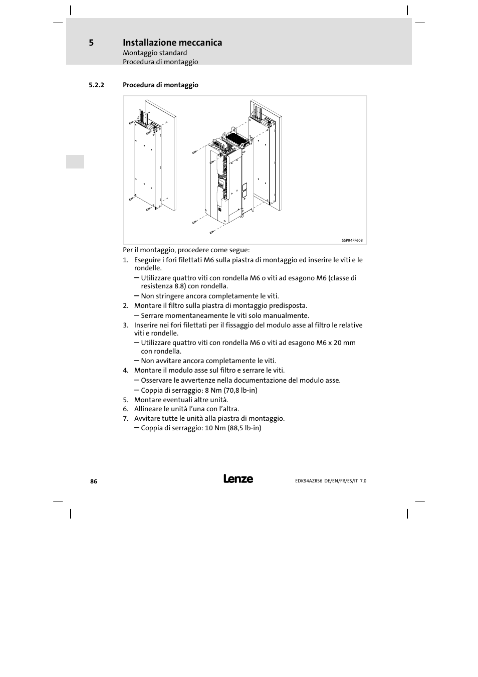 Procedura di montaggio, Installazione meccanica | Lenze E94AZRS0954 User Manual | Page 86 / 116