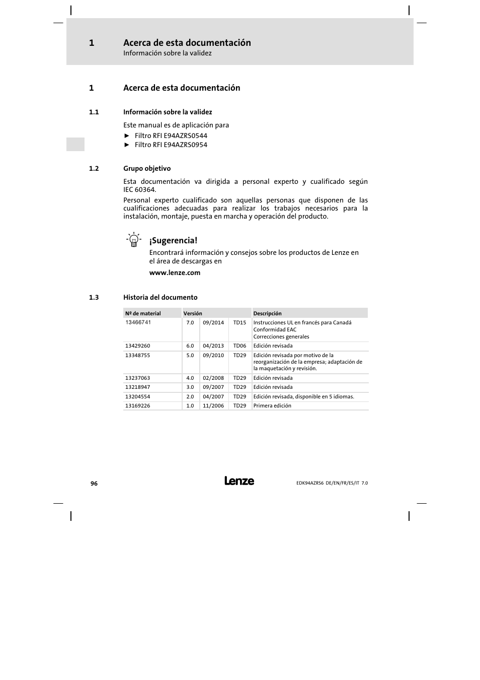 Acerca de esta documentación, Información sobre la validez, Grupo objetivo | Historia del documento, 1acerca de esta documentación, Sugerencia | Lenze E94AZRS0954 User Manual | Page 96 / 116