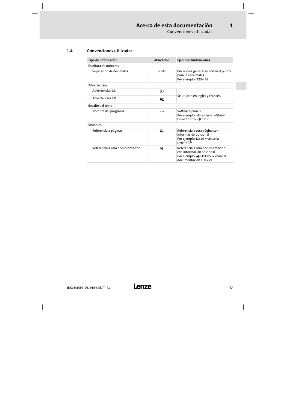 Convenciones utilizadas, Acerca de esta documentación | Lenze E94AZRS0954 User Manual | Page 97 / 116