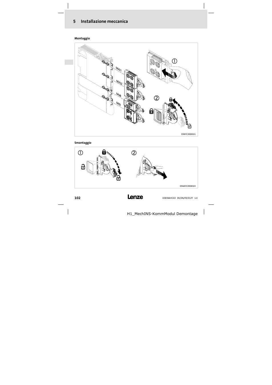 5 installazione meccanica, Installazione meccanica | Lenze E94AYCEO User Manual | Page 102 / 114