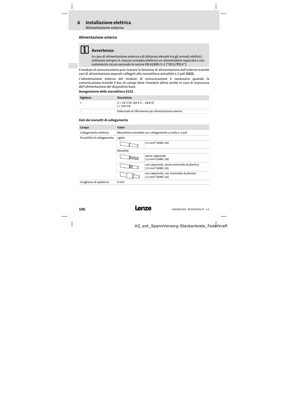 Alimentazione esterna, 6installazione elettrica | Lenze E94AYCEO User Manual | Page 106 / 114