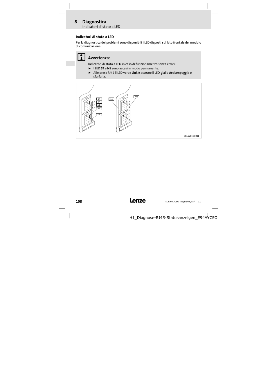 8 diagnostica, Indicatori di stato a led, Diagnostica | 8diagnostica | Lenze E94AYCEO User Manual | Page 108 / 114