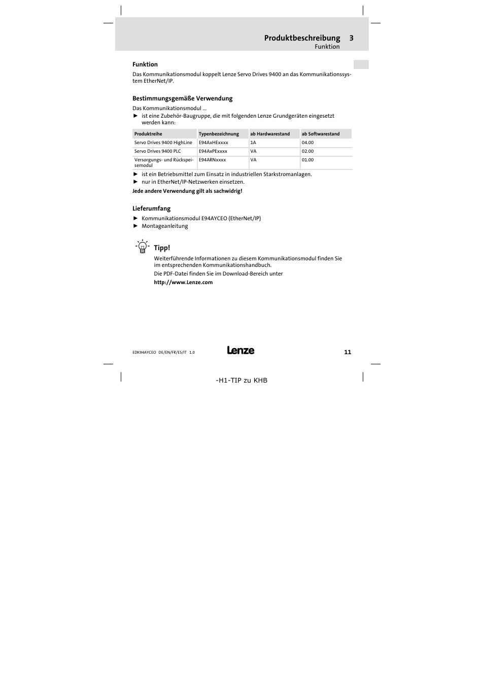 3 produktbeschreibung, Funktion, Bestimmungsgemäße verwendung | Lieferumfang, Produktbeschreibung 11, Produktbeschreibung | Lenze E94AYCEO User Manual | Page 11 / 114