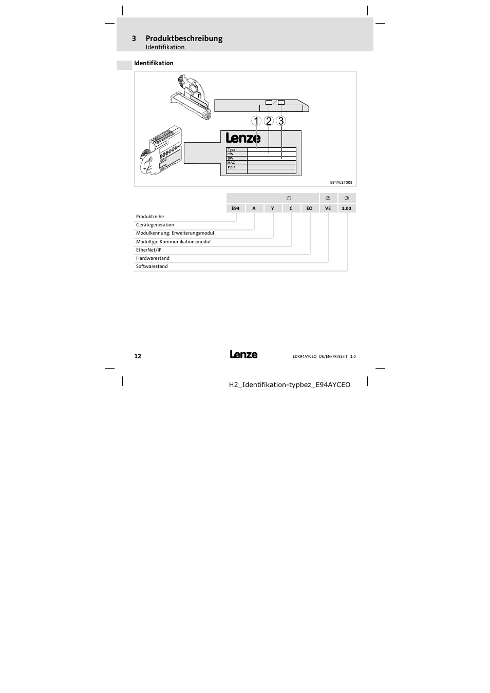 Identifikation, 3produktbeschreibung | Lenze E94AYCEO User Manual | Page 12 / 114