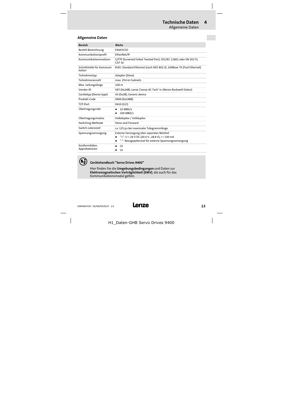 4 technische daten, Allgemeine daten, Technische daten | Lenze E94AYCEO User Manual | Page 13 / 114