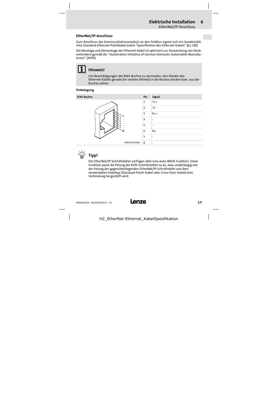 Ethernet/ip-anschluss, Ethernet/ip−anschluss, Elektrische installation | Lenze E94AYCEO User Manual | Page 17 / 114