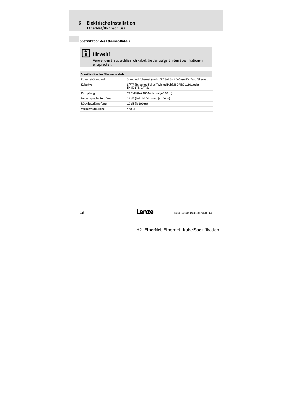 6elektrische installation | Lenze E94AYCEO User Manual | Page 18 / 114