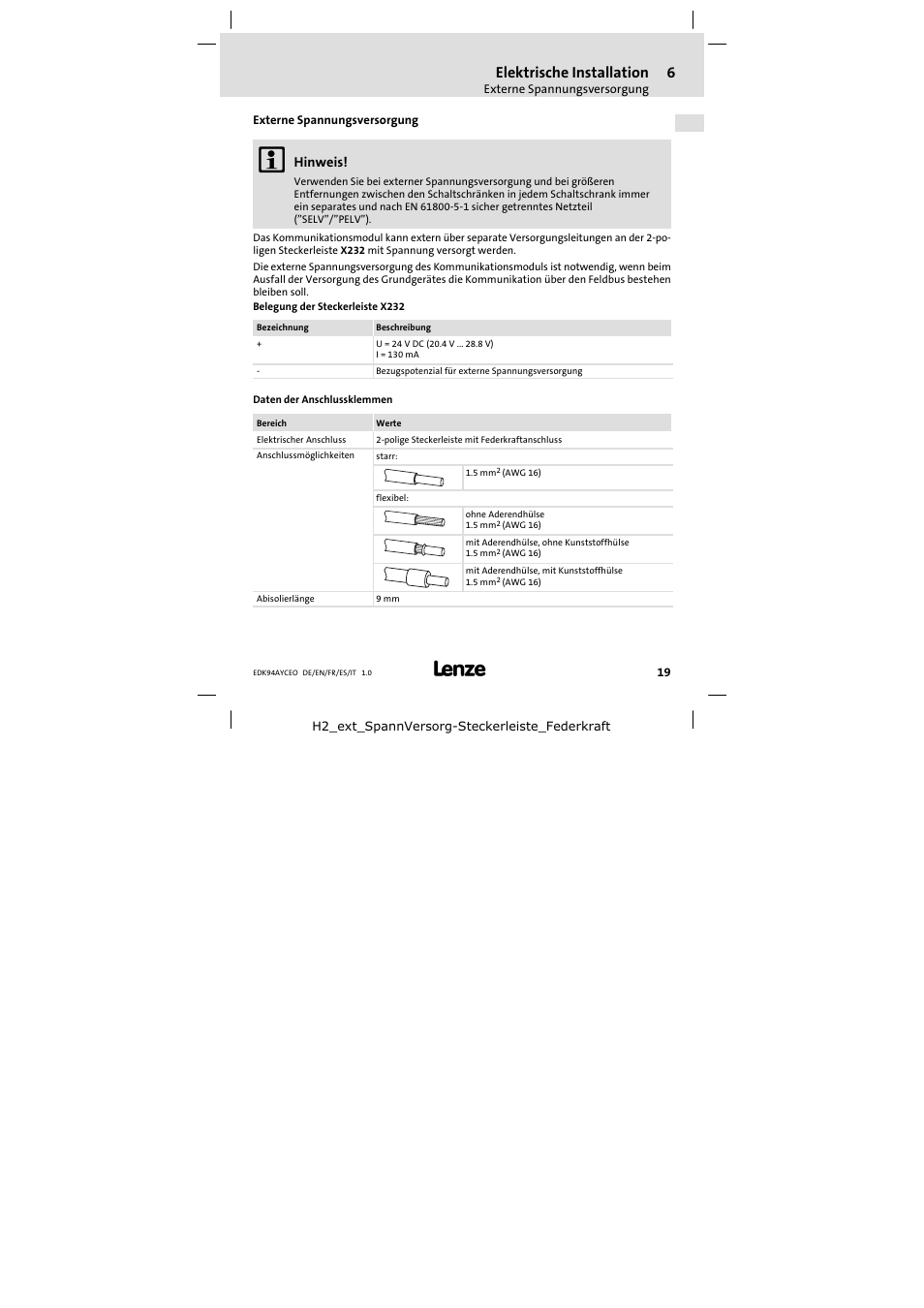 Externe spannungsversorgung, Elektrische installation | Lenze E94AYCEO User Manual | Page 19 / 114