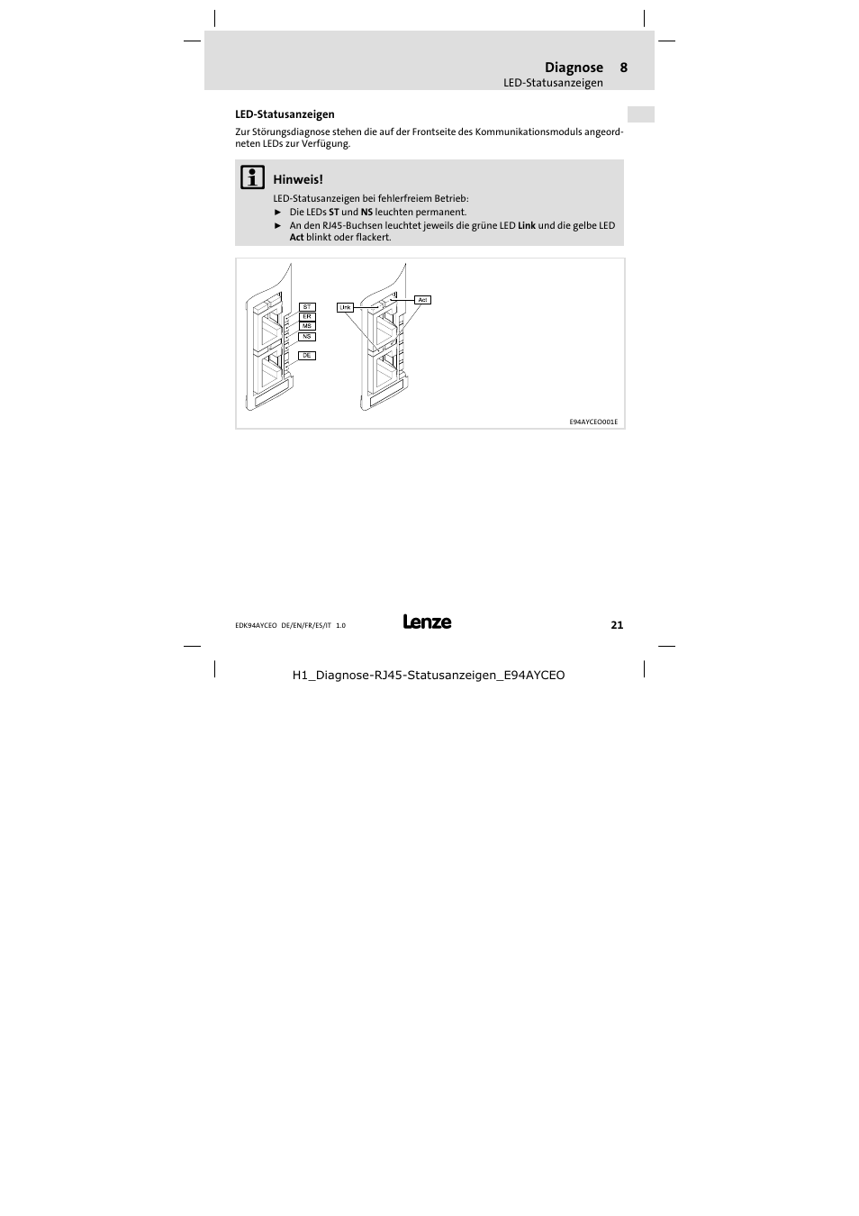 8 diagnose, Led-statusanzeigen, Diagnose | Led−statusanzeigen | Lenze E94AYCEO User Manual | Page 21 / 114