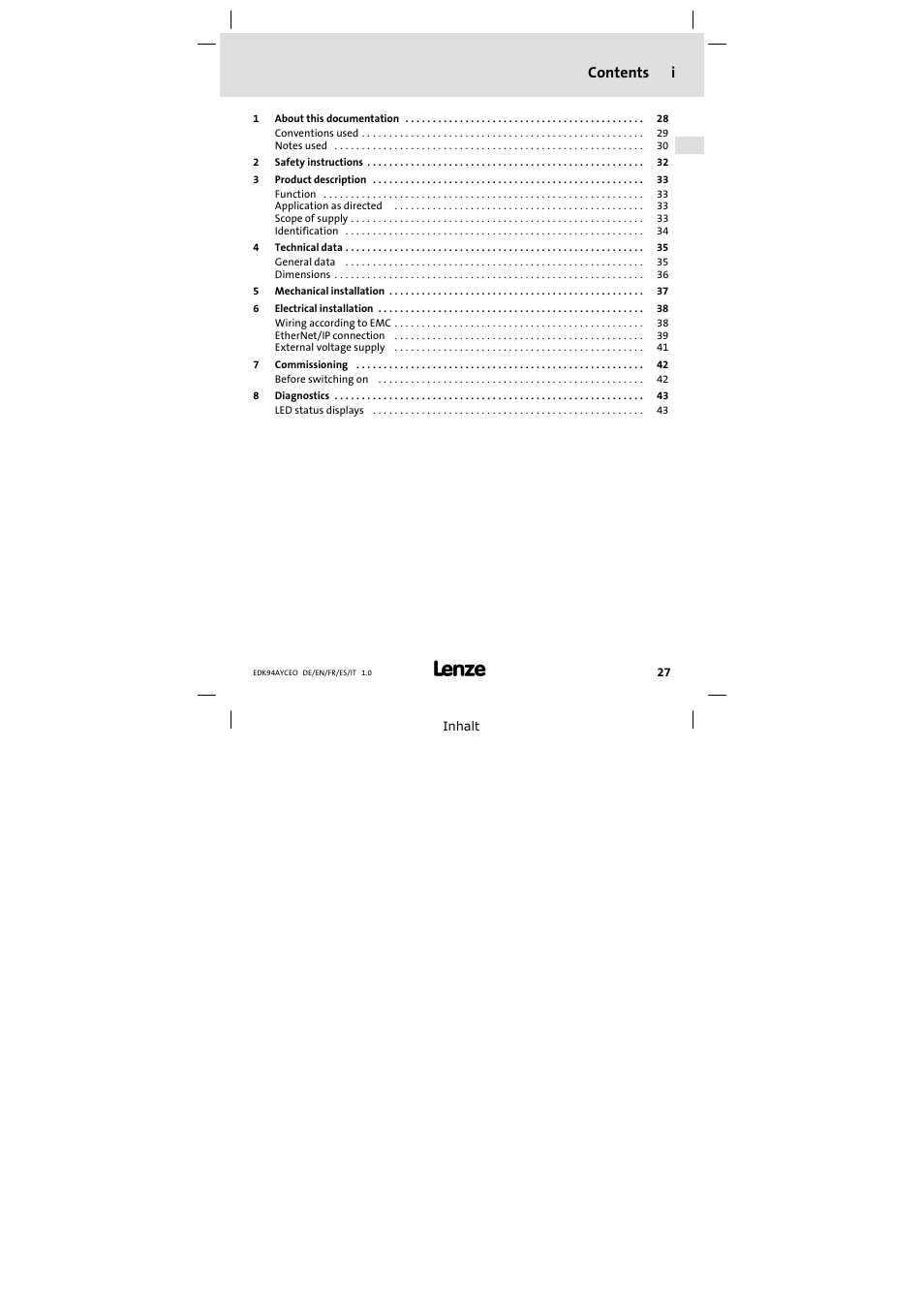 Lenze E94AYCEO User Manual | Page 27 / 114