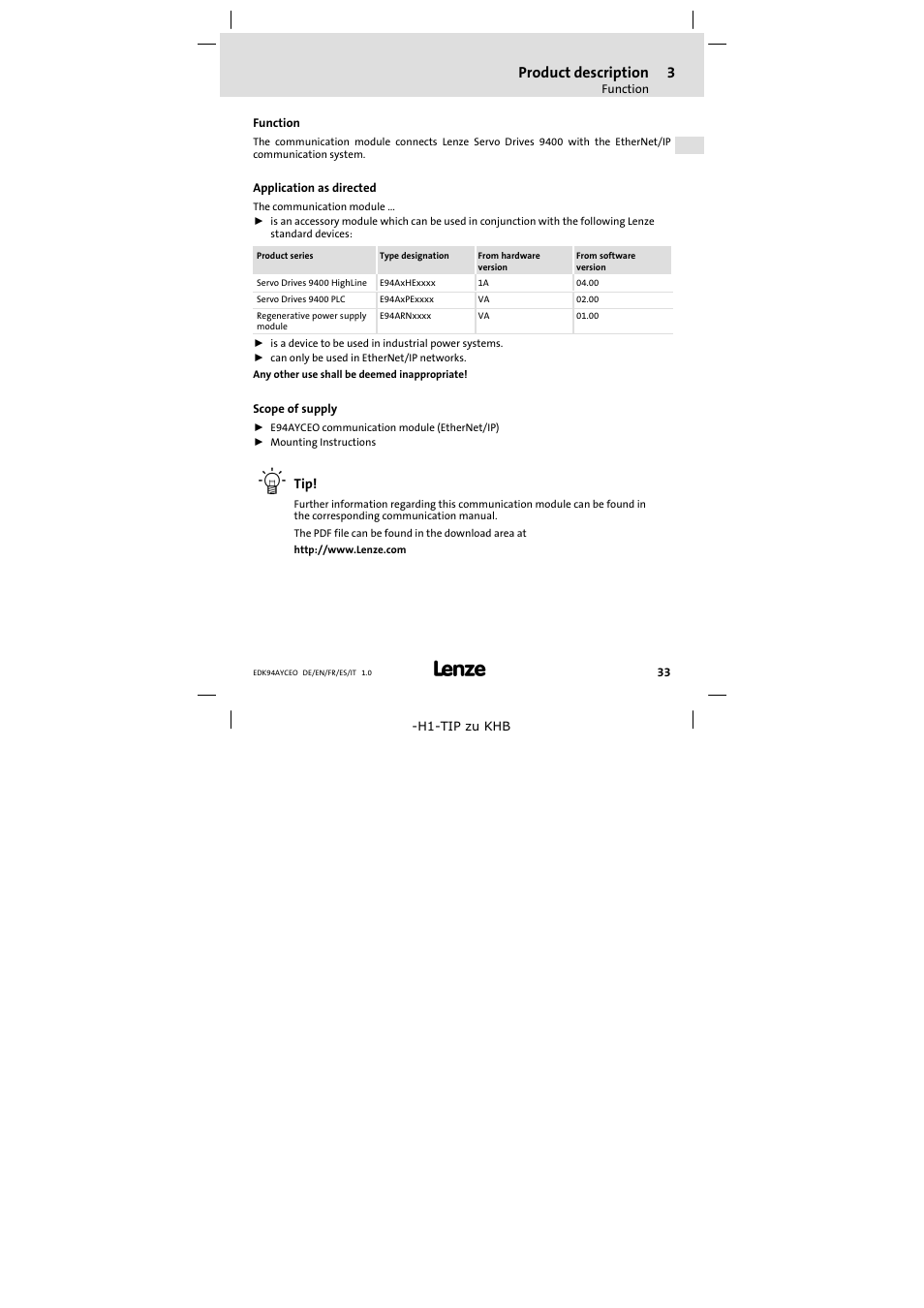 3 product description, Function, Application as directed | Scope of supply, Product description, Function 33 | Lenze E94AYCEO User Manual | Page 33 / 114