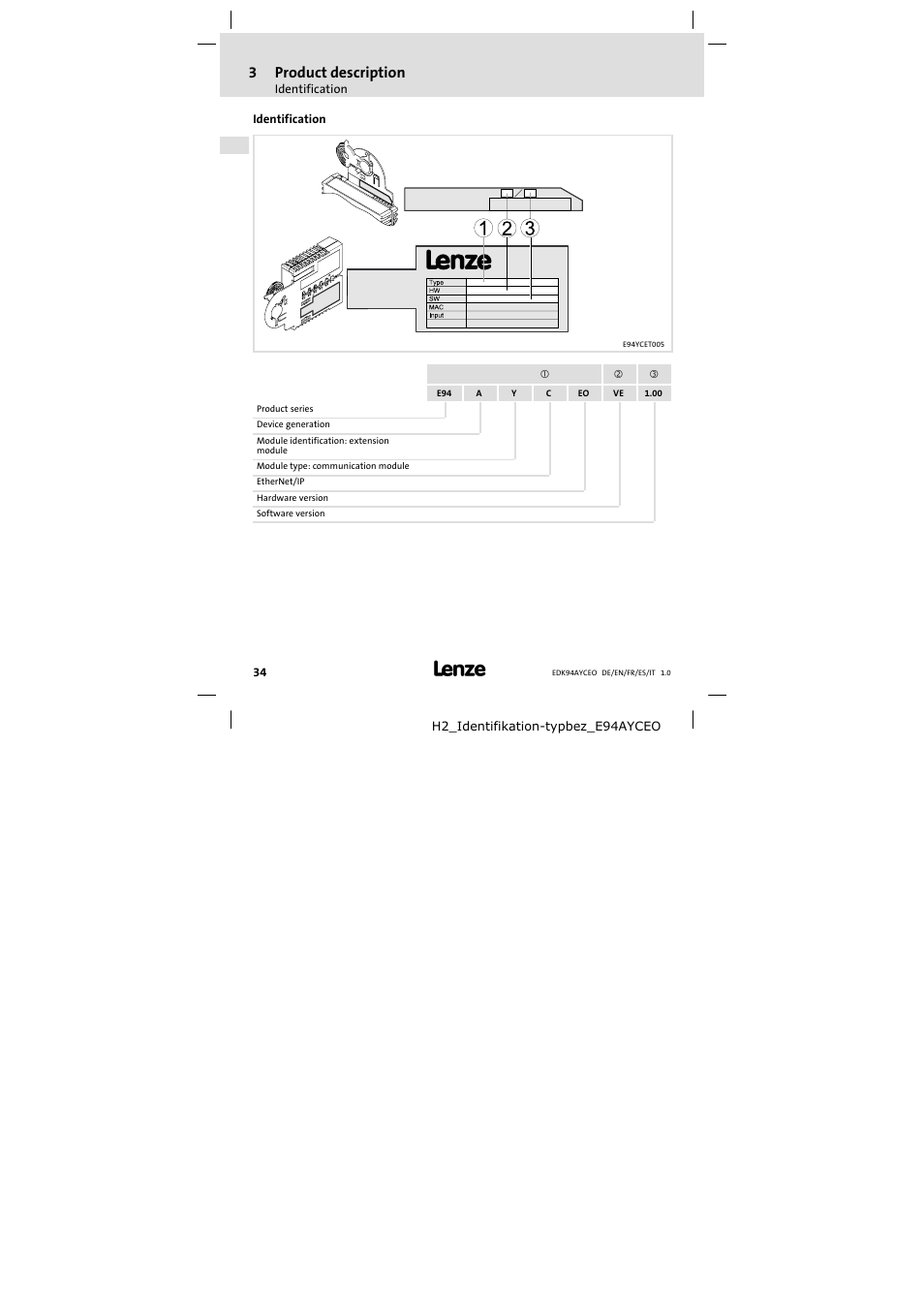 Identification, 3product description | Lenze E94AYCEO User Manual | Page 34 / 114