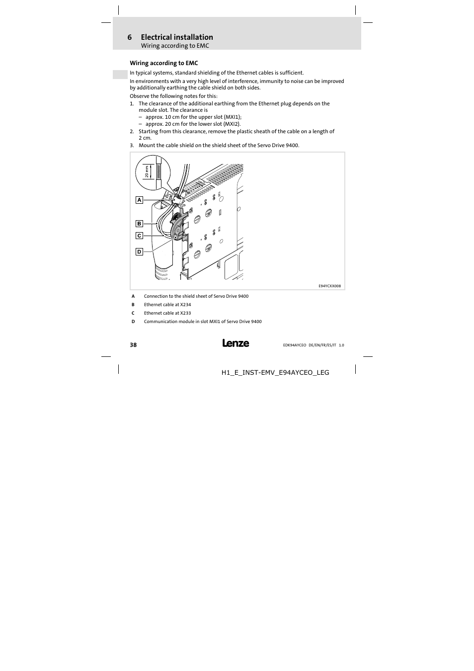 6 electrical installation, Wiring according to emc, Electrical installation | 6electrical installation | Lenze E94AYCEO User Manual | Page 38 / 114