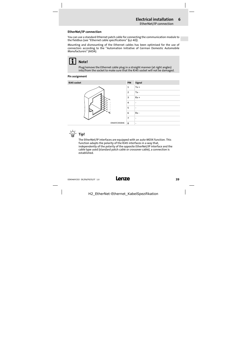 Ethernet/ip connection, Electrical installation | Lenze E94AYCEO User Manual | Page 39 / 114