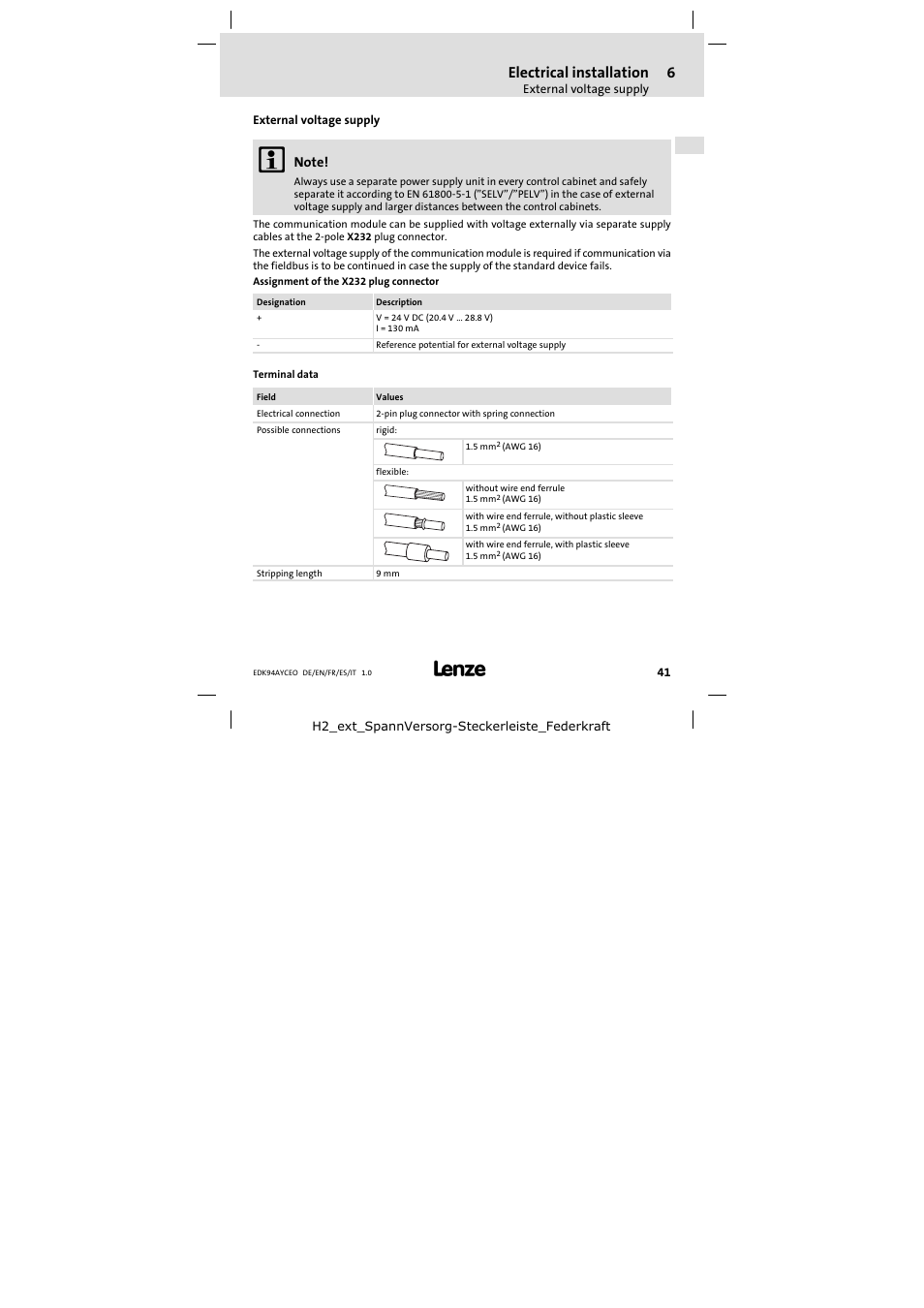 External voltage supply, Electrical installation | Lenze E94AYCEO User Manual | Page 41 / 114