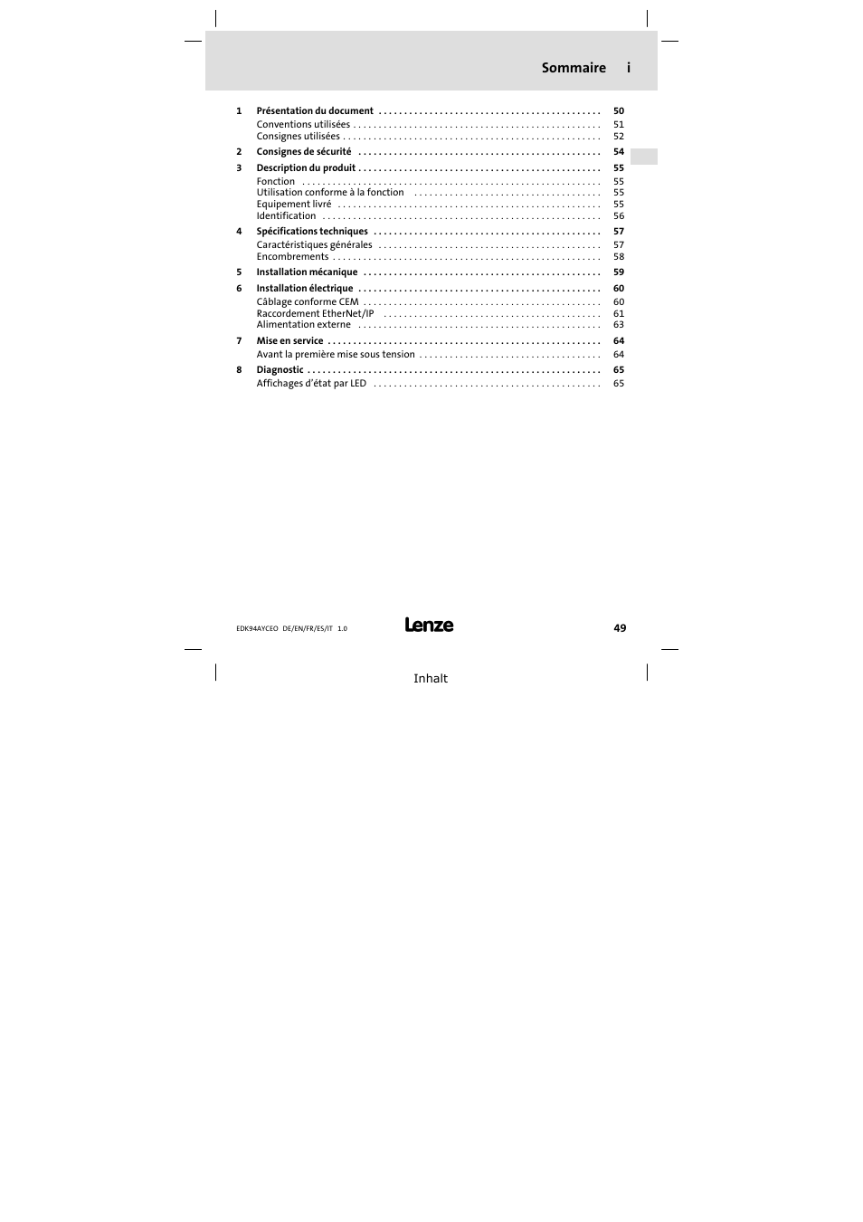 Sommaire, Sommaire i | Lenze E94AYCEO User Manual | Page 49 / 114