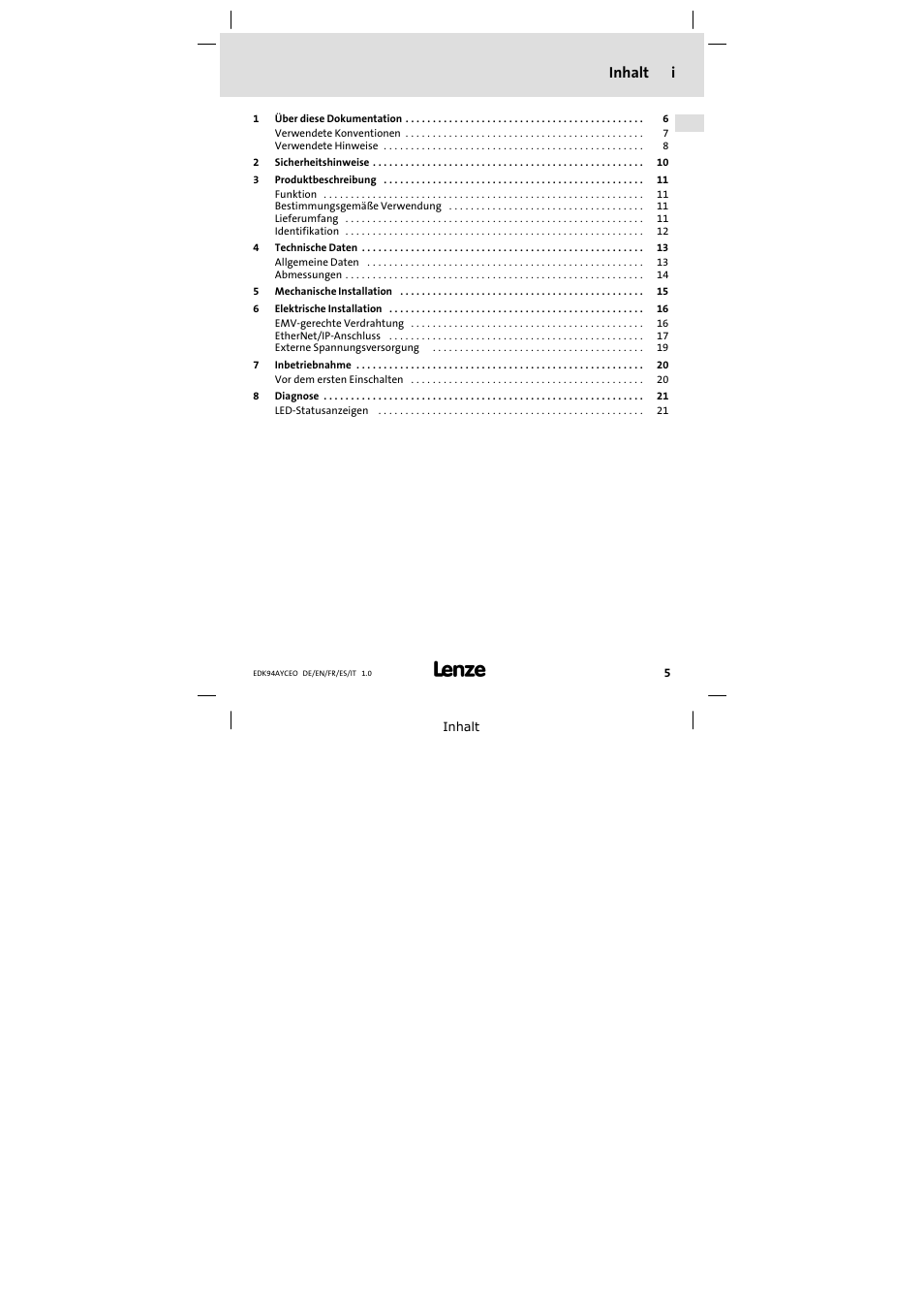 Inhalt, Inhalt i | Lenze E94AYCEO User Manual | Page 5 / 114