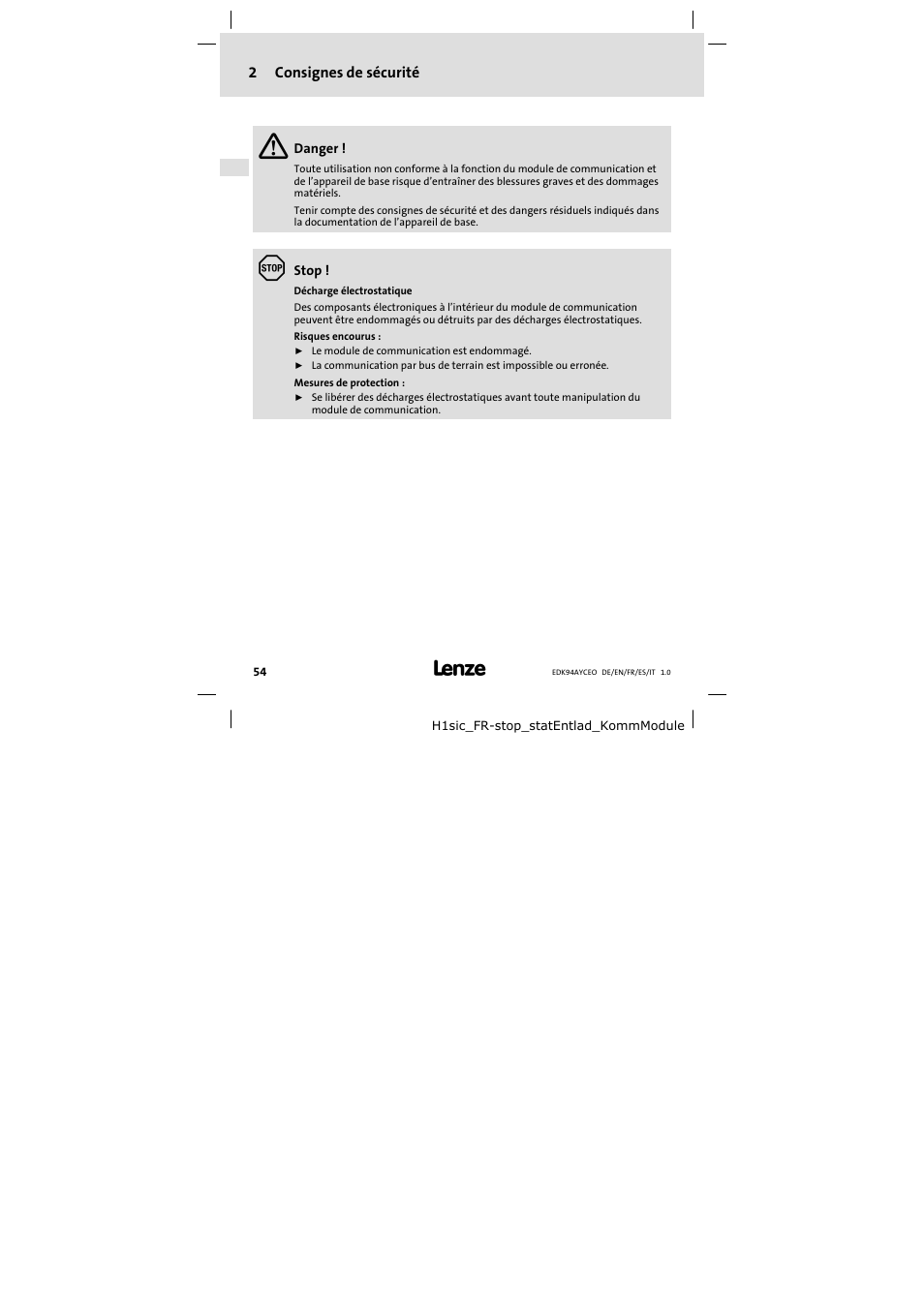 2 consignes de sécurité, Consignes de sécurité | Lenze E94AYCEO User Manual | Page 54 / 114