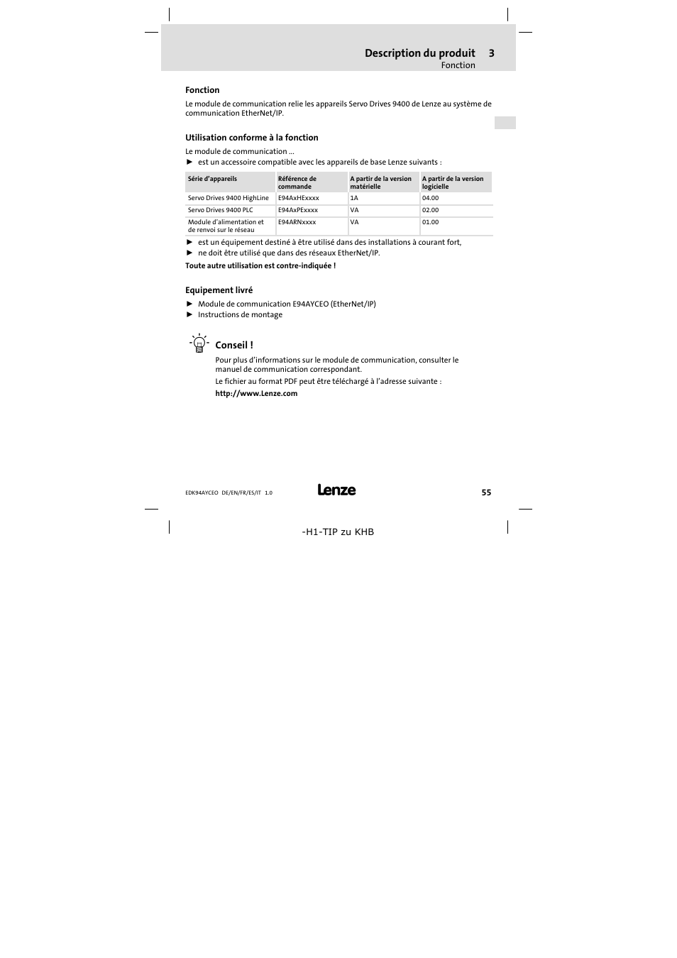 3 description du produit, Fonction, Utilisation conforme à la fonction | Equipement livré, Description du produit, Fonction 55 | Lenze E94AYCEO User Manual | Page 55 / 114