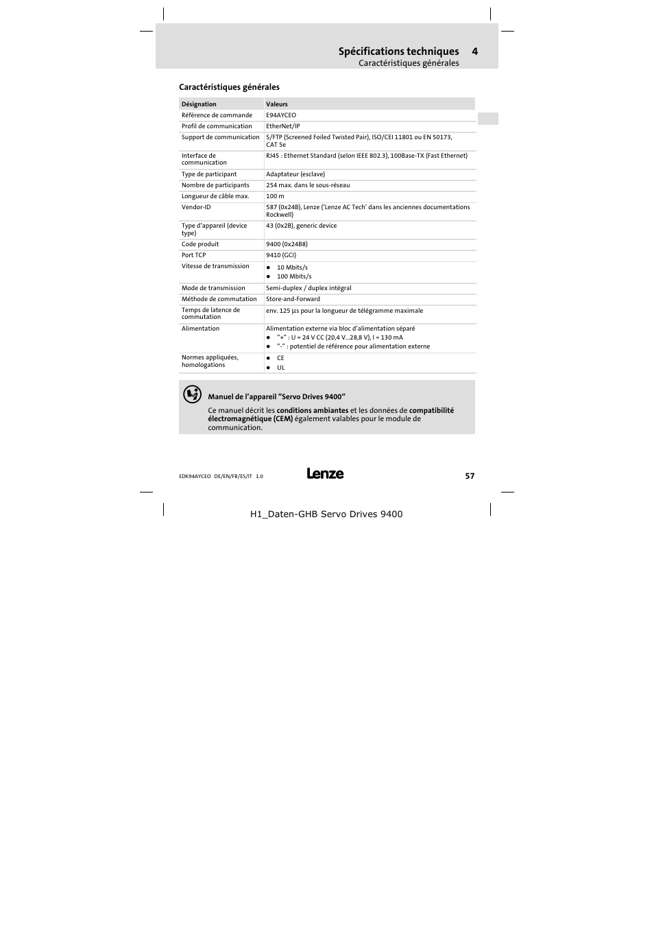 4 spécifications techniques, Caractéristiques générales, Spécifications techniques | Lenze E94AYCEO User Manual | Page 57 / 114