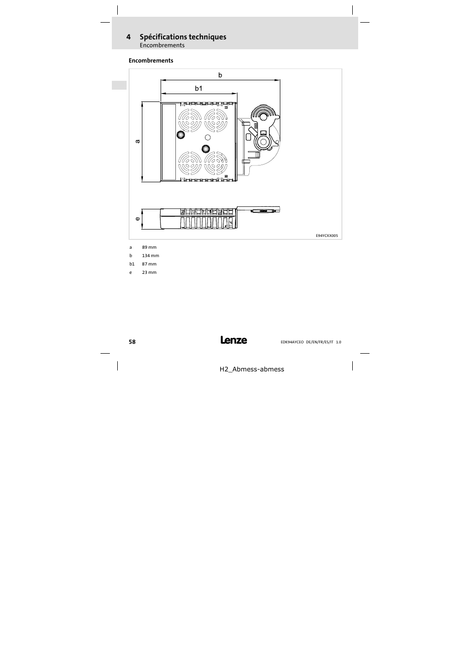 Encombrements | Lenze E94AYCEO User Manual | Page 58 / 114