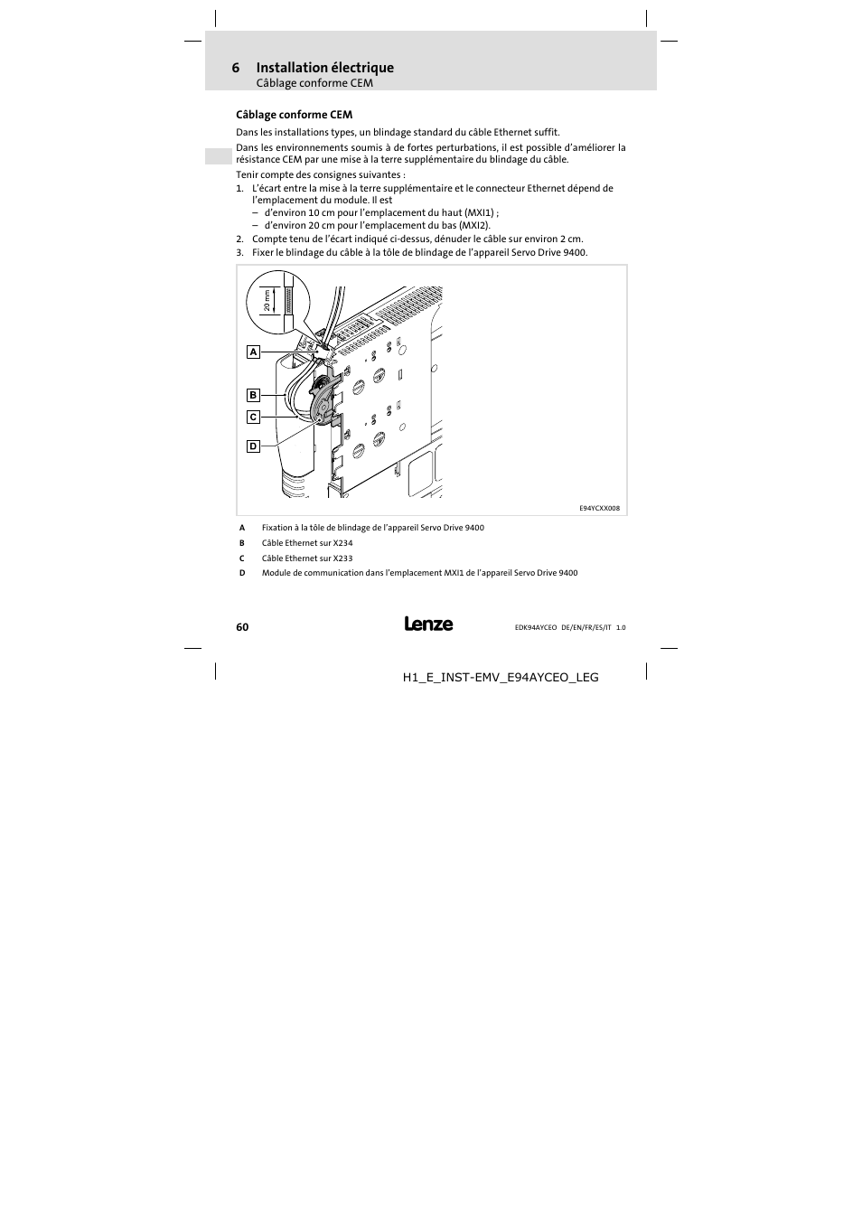 6 installation électrique, Câblage conforme cem, Installation électrique | 6installation électrique | Lenze E94AYCEO User Manual | Page 60 / 114