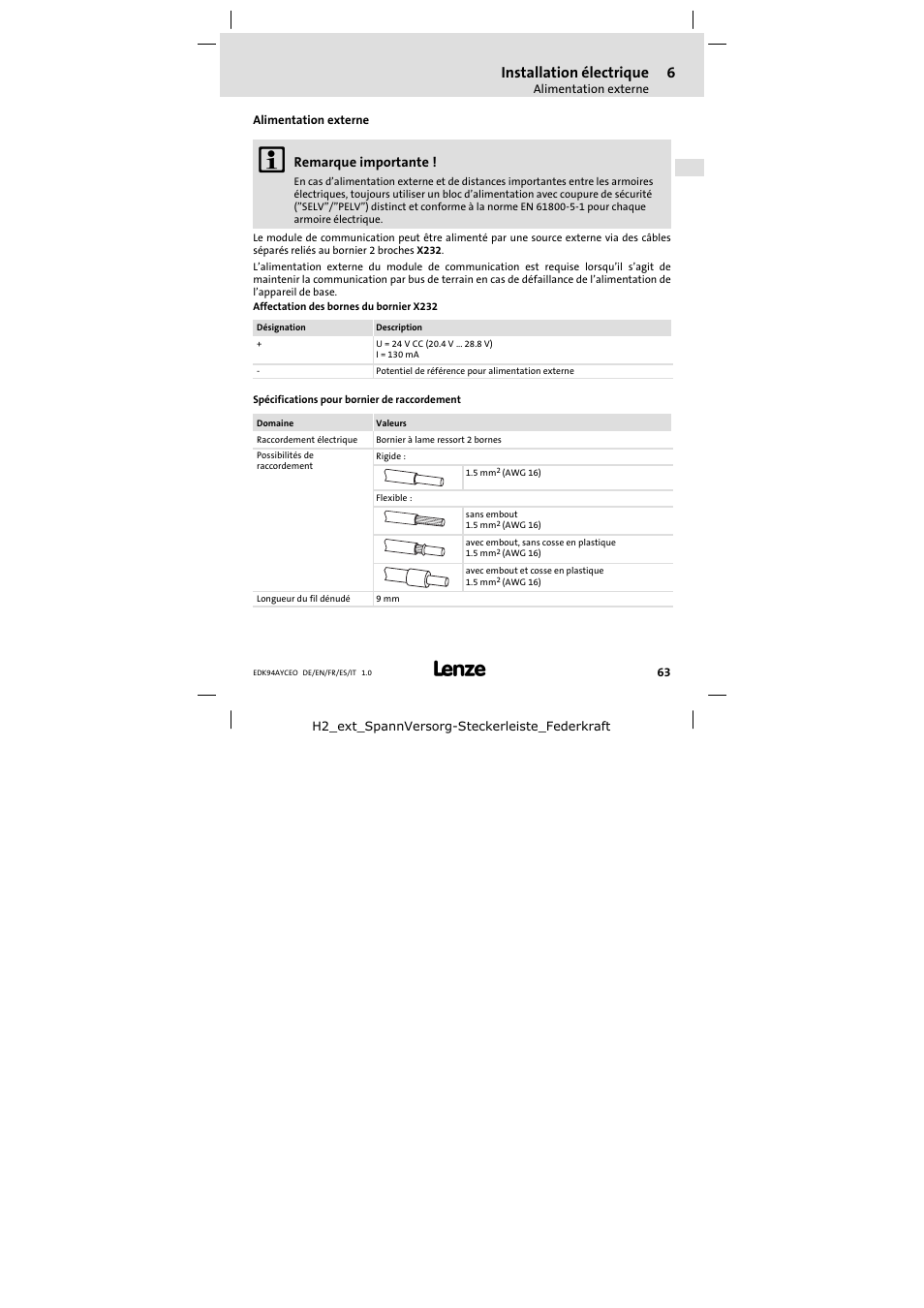 Alimentation externe, Installation électrique | Lenze E94AYCEO User Manual | Page 63 / 114