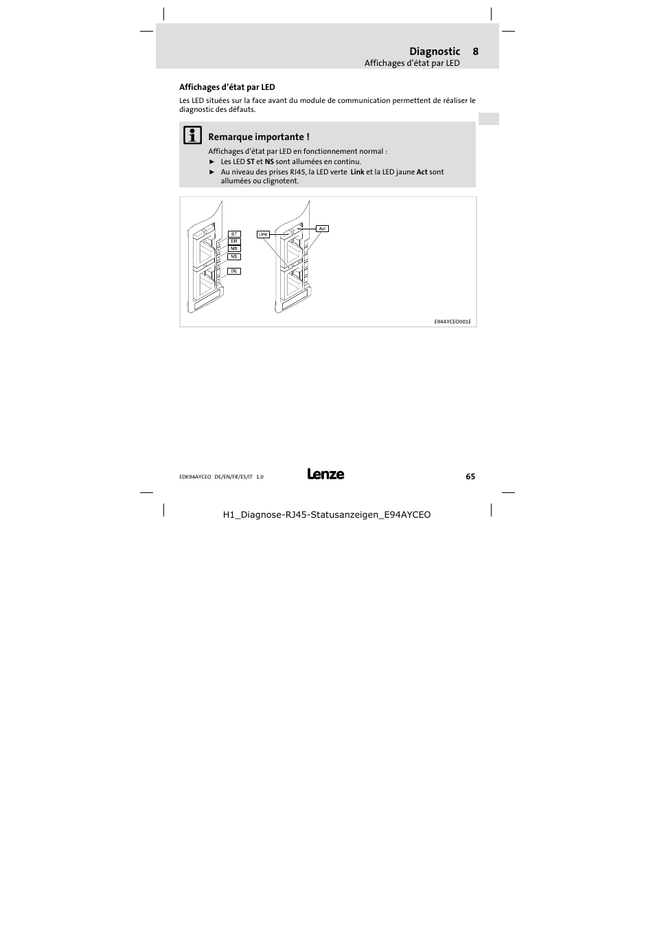 8 diagnostic, Affichages d'état par led, Diagnostic | Affichages d’état par led | Lenze E94AYCEO User Manual | Page 65 / 114