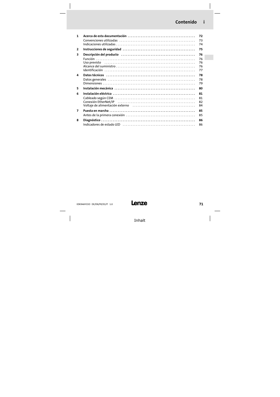 Lenze E94AYCEO User Manual | Page 71 / 114