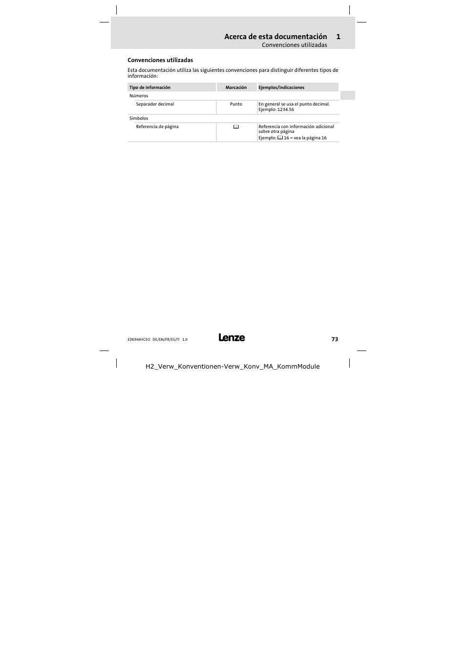 Convenciones utilizadas, Acerca de esta documentación | Lenze E94AYCEO User Manual | Page 73 / 114