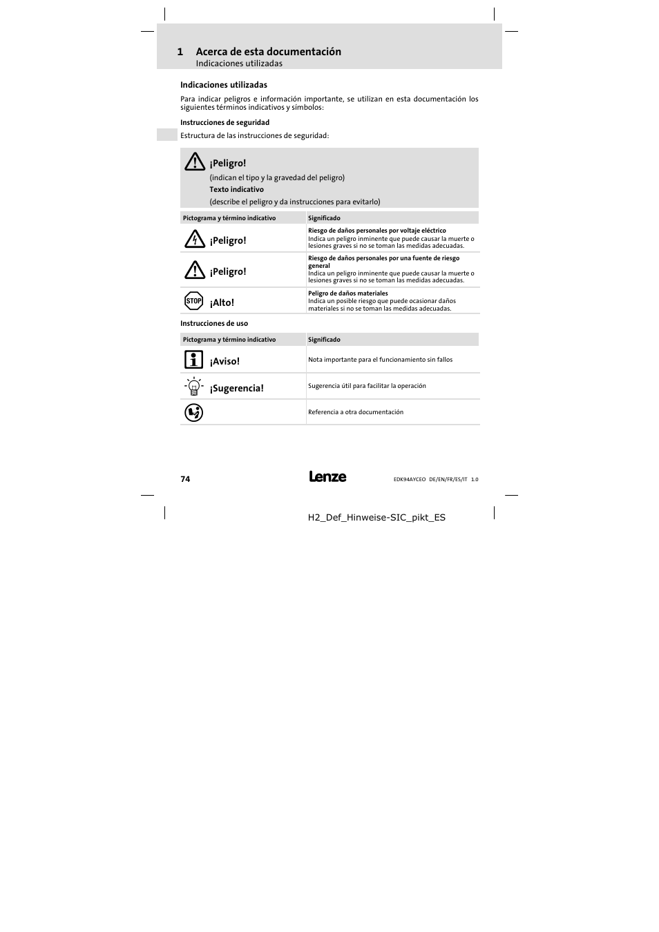 Indicaciones utilizadas | Lenze E94AYCEO User Manual | Page 74 / 114