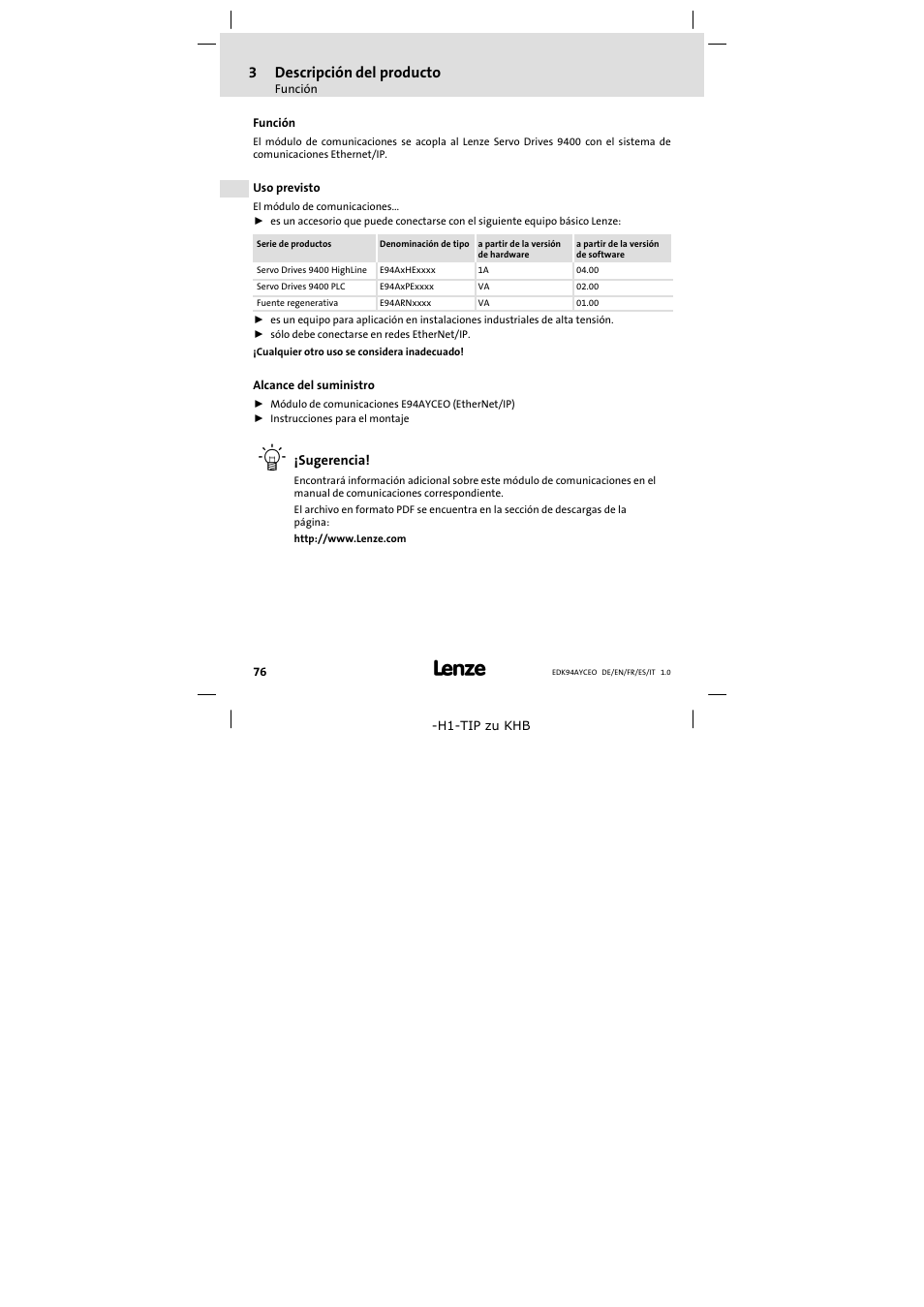 3 descripción del producto, Función, Uso previsto | Alcance del suministro, Descripción del producto, 3descripción del producto | Lenze E94AYCEO User Manual | Page 76 / 114