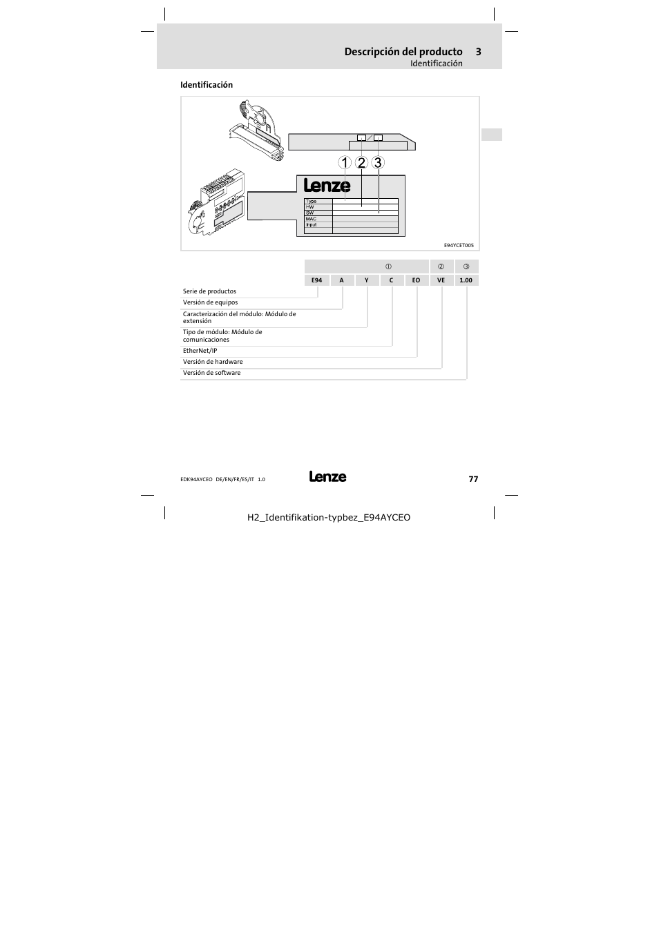 Identificación, Descripción del producto | Lenze E94AYCEO User Manual | Page 77 / 114